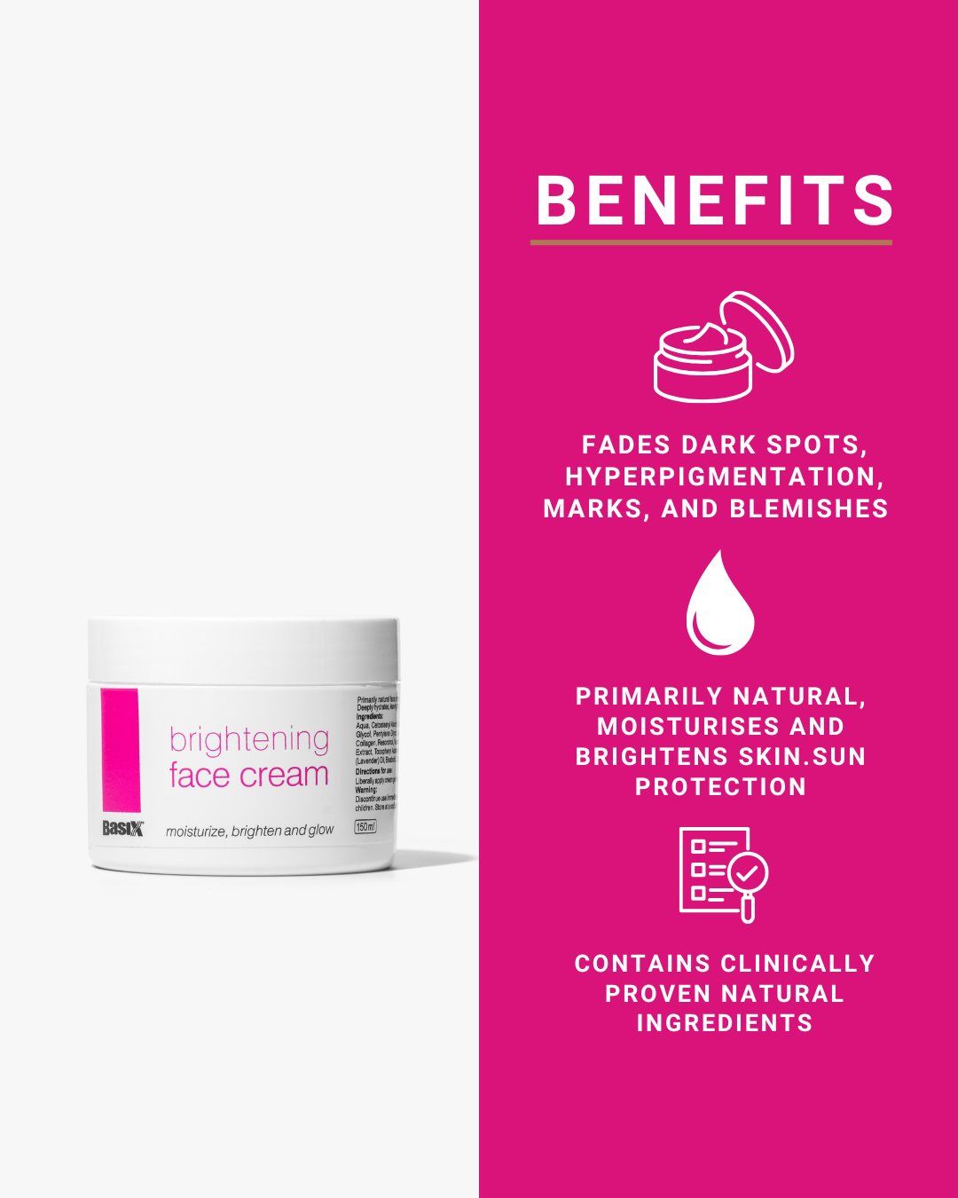 Basix Brightening Face Cream with benefits listed on a pink background