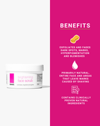 Basix Brightening face scrub with benefits listed on a pink background