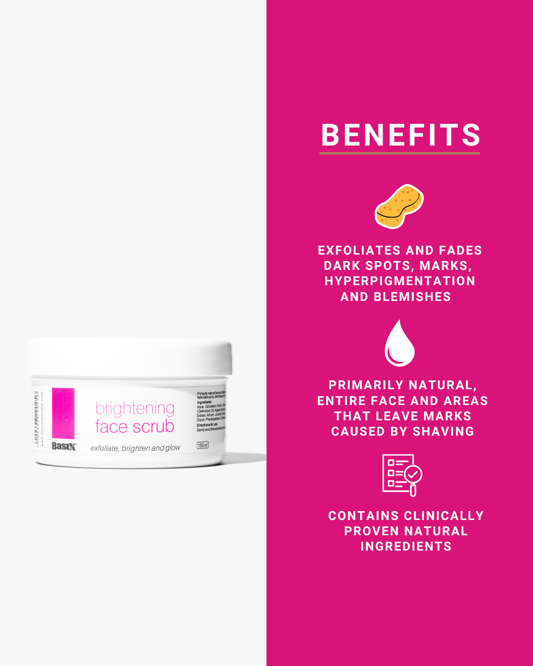 Basix Brightening face scrub with benefits listed on a pink background