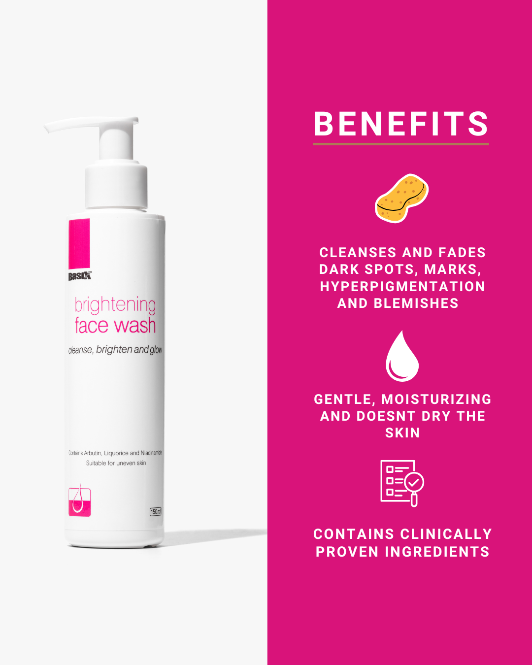 White bottle of Basix brightening face wash with pink background and benefits listed on the right.