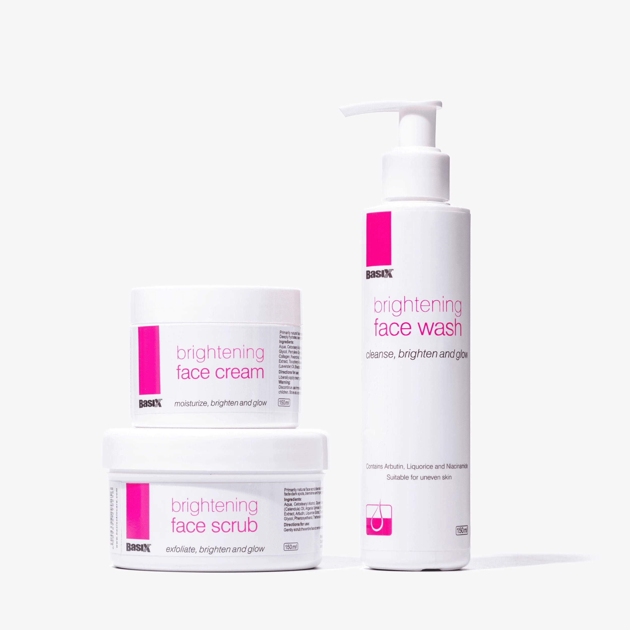 Basix Blemish and Dark Spot Correcting Set for the face, including the brightening face wash, face scrub, and face cream for dark marks, blemishes, and uneven tone.