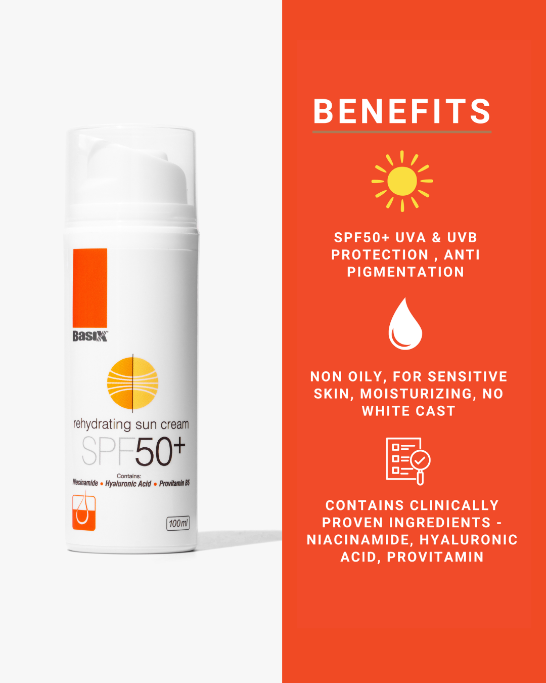 Close up of skin wearing Basix Rehydrating Sun Cream SPF50+ for daily sun protection and pigmentation prevention