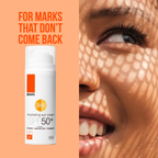 Basix Rehydrating Sun Cream SPF50+ banner reading For Marks That Dont Come Back with product and close up face image