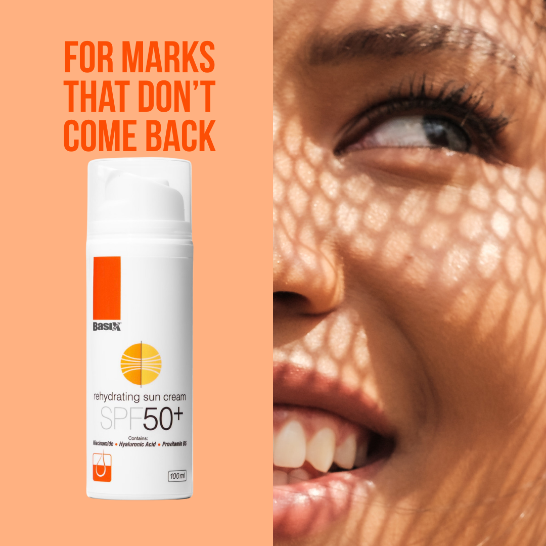 Basix Rehydrating Sun Cream SPF50+ banner reading For Marks That Dont Come Back with product and close up face image