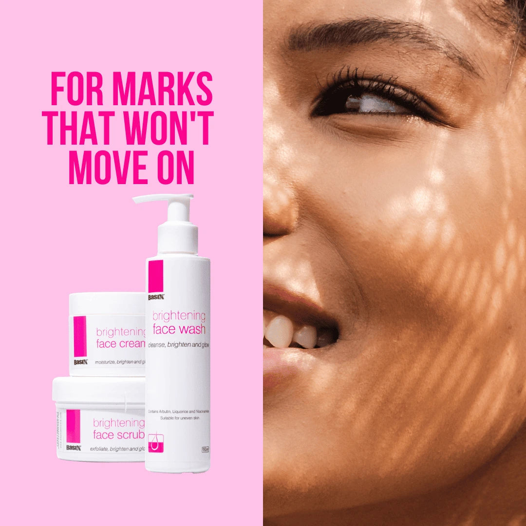 Campaign image for the Basix Brightening Trio with the line For Marks That Wont Move On, created for dark marks, blemishes, and uneven tone.